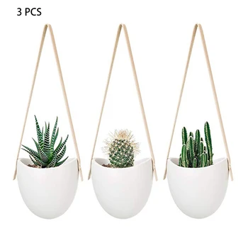

3pcs Elegant Home Decorative Succulent Hanging Planter Nordic Style Ceramic Flower Pot Modern Practical Wall With Rope White