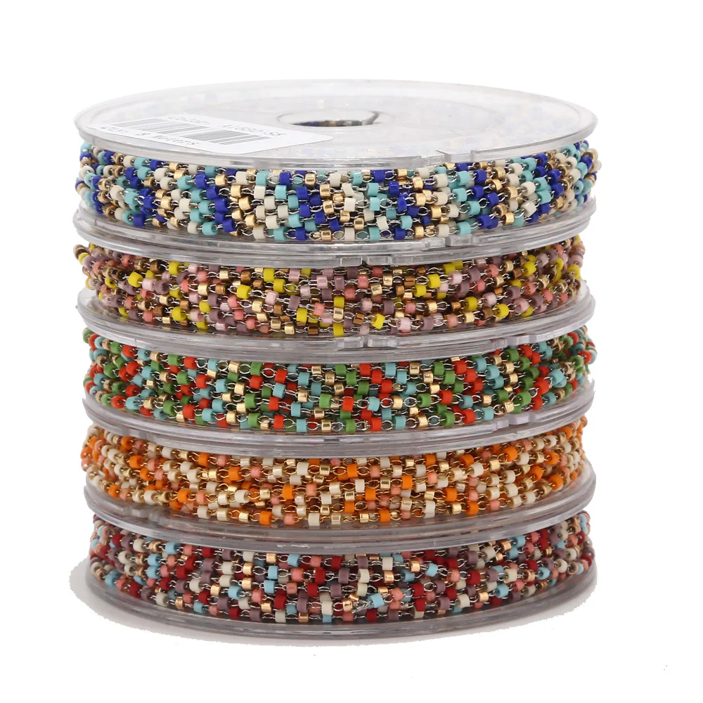 

2M mixed color Stainless Steel Cable Link Chain Roll with Japanese beads Bulk for Jewelry Making