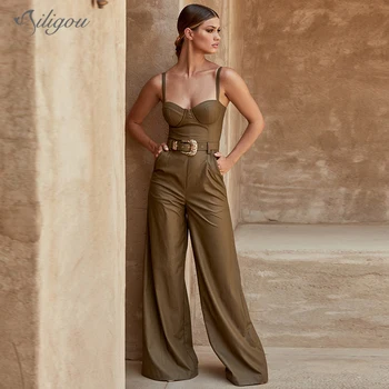 

Ailigou2020 Autumn New Women'S Leather Jumpsuit Celebrity Party Sexy Bodycon Spaghetti Army Green Wide Leg Jumpsuit