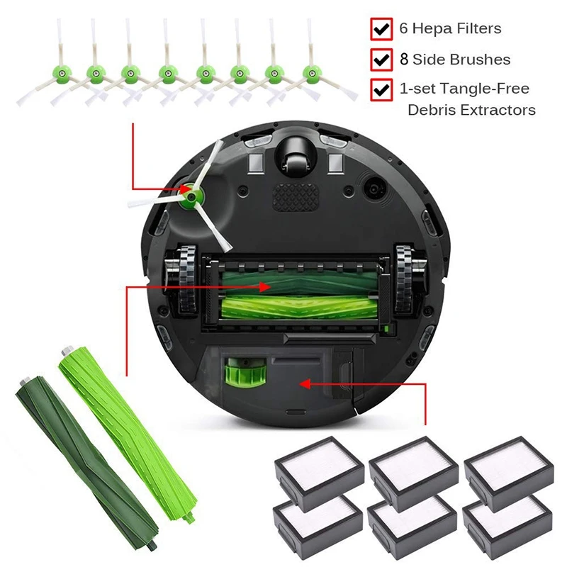 Запасные части для IRobot Roomba I7 I7+/Plus E5 E6 комплект для пополнения(6 фильтров, 8 щеток, 1 комплект многоповерхностной резины Bru