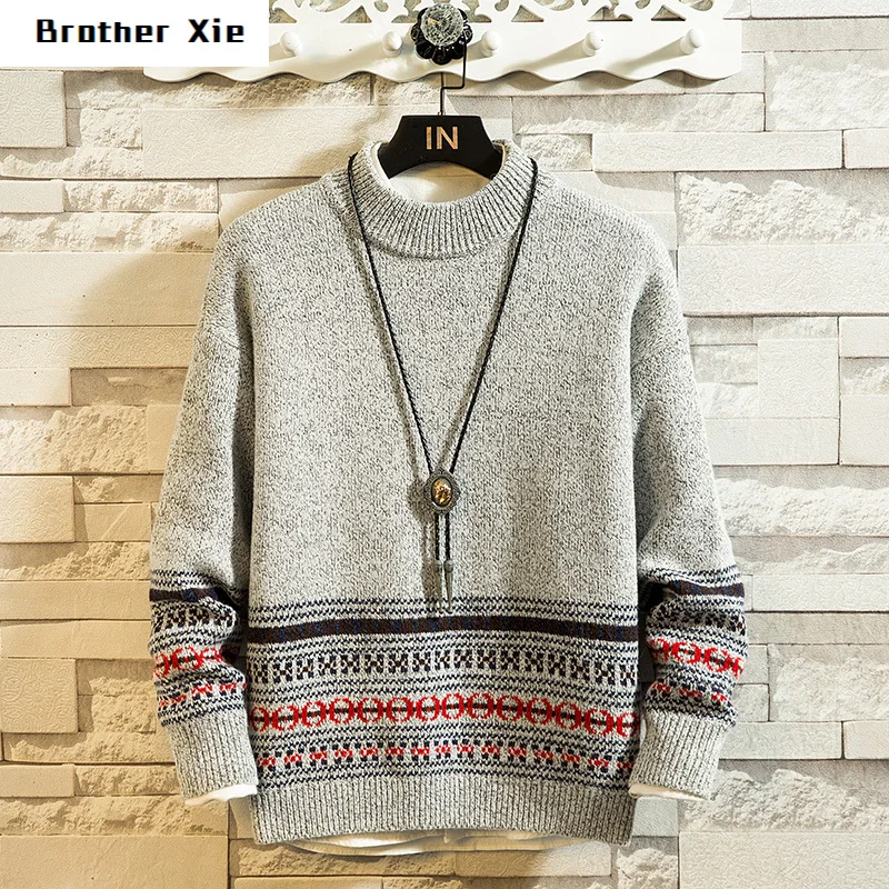 

Winter Thick Sweater Men's Warm Fashion Retro Print Casual Knit Sweater Men Wild Loose Long-sleeved Pullover Male Clothes
