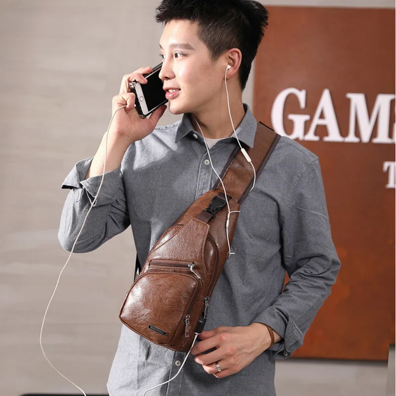 

Men Crossbody Chest Bags Waist Bags Men's USB Charging Headphone Plug Leather Shoulder Bag Diagonal Package New 2020