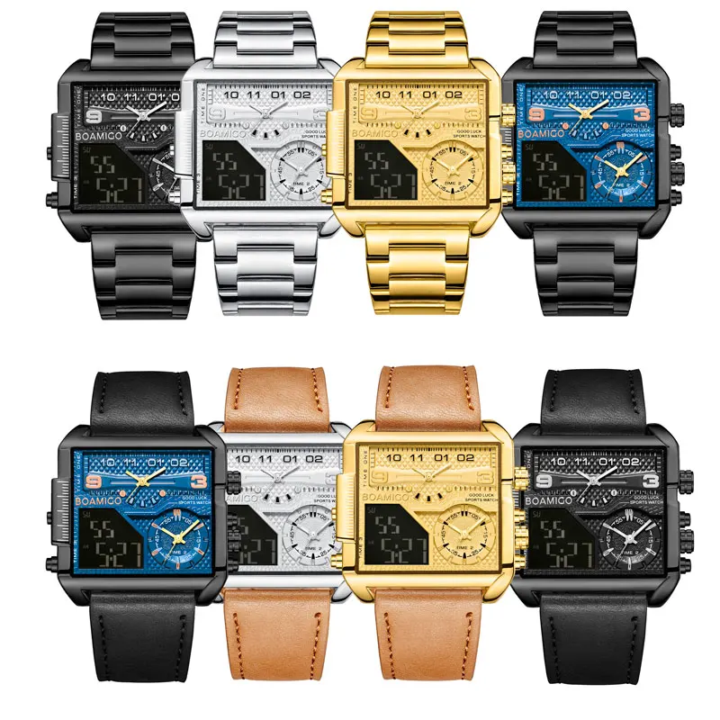 Luxury Fashion Men Watches Gold Stainless Steel Sport Square Digital Analog Big Quartz Watch - Image 5