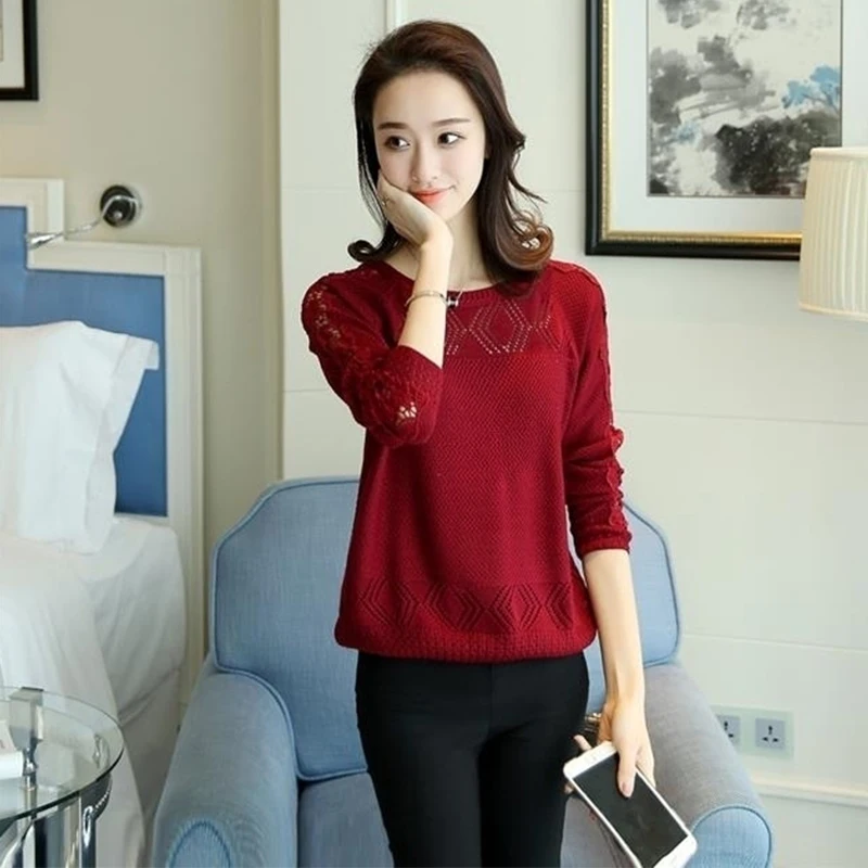 

Spring and autumn 2020 new round neck lace Jacquard long sleeve hollow out sweater women sweater loose thin short coat