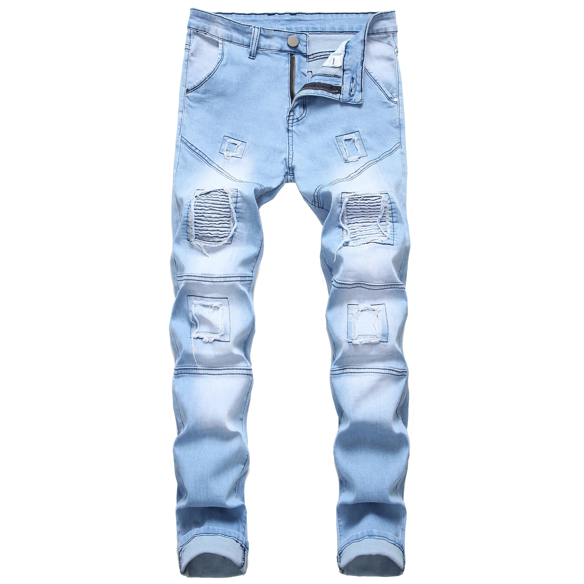 W6685 blue Мужские новые винтажные рваные плиссированные прямые байкерские джинсы, уличная одежда с дырками на коленях, повседневные хлопковые джинсовые брюки-карго, размер 42 - Цвет: W6685 blue
