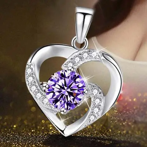 purple without chain Кулон Сердце Белый Фиолетовый Циркон 925 пробы серебряный цвет ожерелье кулон для женщин ювелирные изделия без цепи подарок D27 - Окраска металла: purple without chain