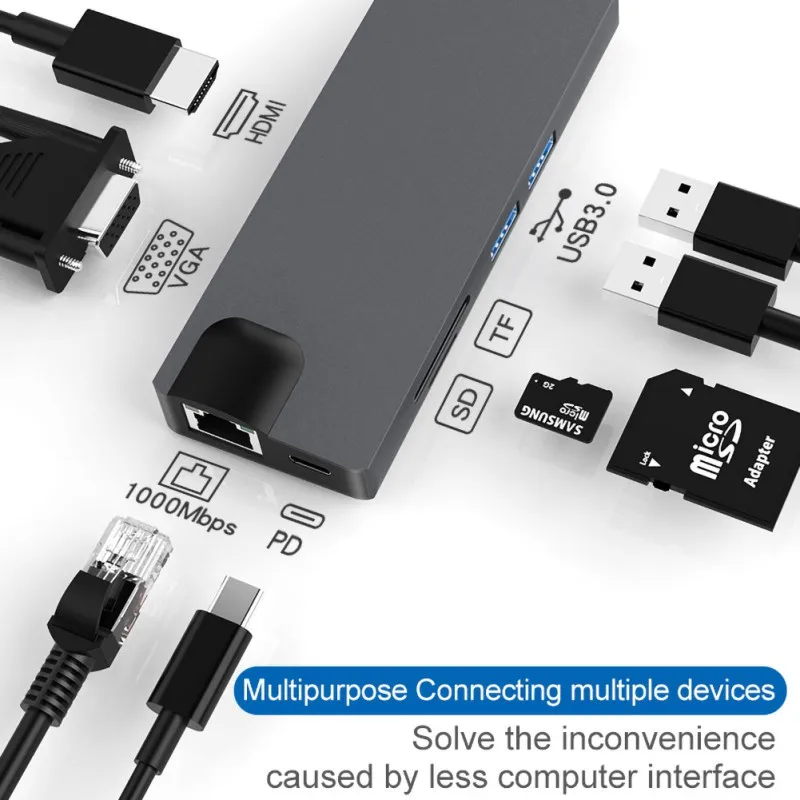 8 в 1 Многофункциональный Тип C адаптер Тип C к HDMI концентратор USB VGA для ноутбука