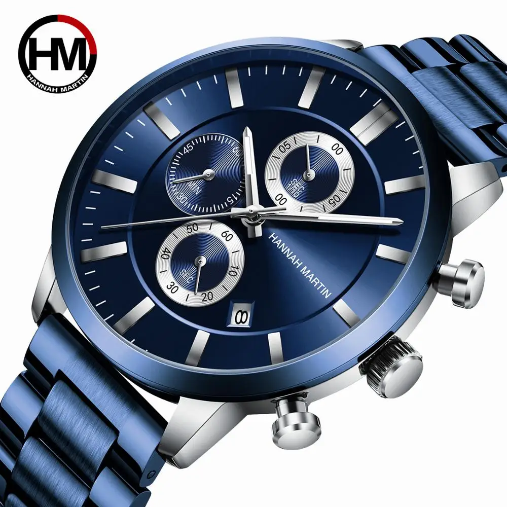 HOT SALES! 2020 New Blue Solid Stainless Steel Band Business Multi-function Calendar Waterproof Top Brand Luxury Wrist Watches For Men