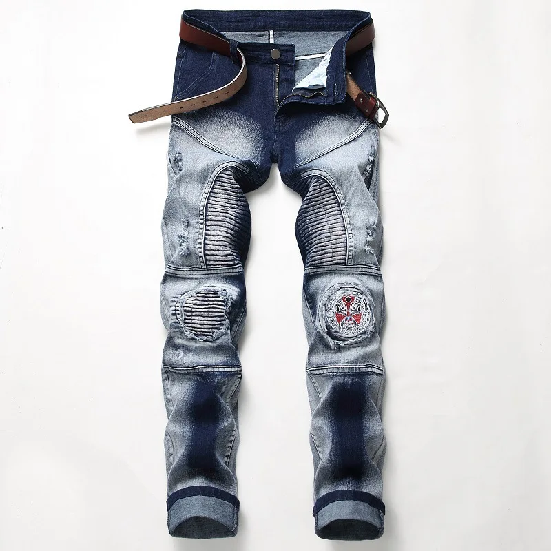 Gersri, мужские ретро мотоциклетные джинсы, повседневные, стираные, хлопковые, складные, эластичные, с отворотами, джинсы в стиле хип-хоп, облегающие джинсы