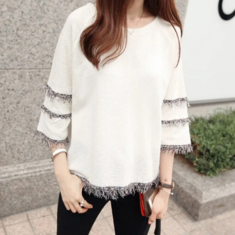 T-shirt Women Tassel Half Sleeve 2019 Casual Solid Color White Tees Short Sleeve O-neck Women's Clothing t shirt hot sales Basic