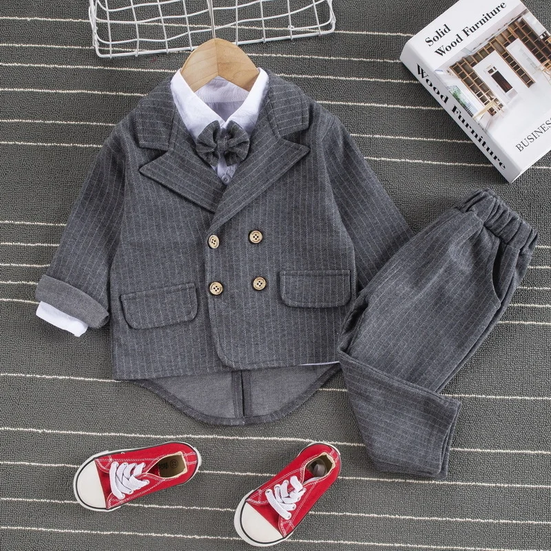 Primavera do Bebê Roupas de Cavalheiro Sets da Criança Roupas de Algodão Nova Menino Crianças Listrado Terno Camisa Calças 3 Pçs - Roupas Outono 5 Mamãe e Bebê
