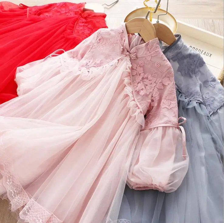 Новые весенние детские кружевные сетчатые платья с вышивкой элегантная национальная одежда принцессы для девочек 5 шт./партия