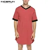 INCERUN Men Sleep Robes Short Sleeve V Neck Nightgown Homewear Comfortable Patchwork Loose Mens Bathrobes Dressing Gown S-5XL ► Photo 2/6