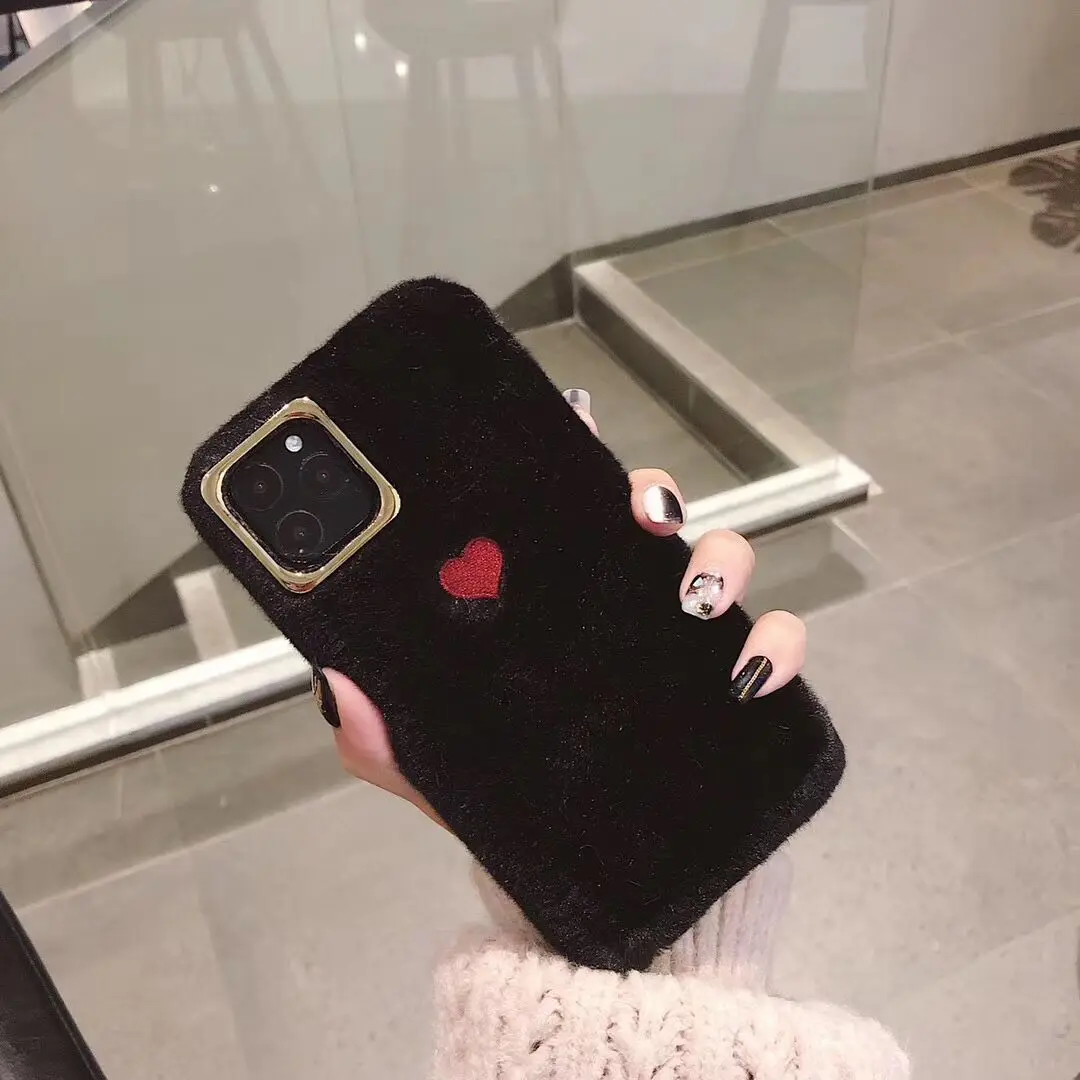 Теплый пушистый чехол для телефона для iPhone 11 Pro Max XR X XS Max 7 8 6S Plus, сплошной цвет+ чехол с сердцем, наполовину завернутый мягкий плюшевый чехол для телефона - Цвет: Black