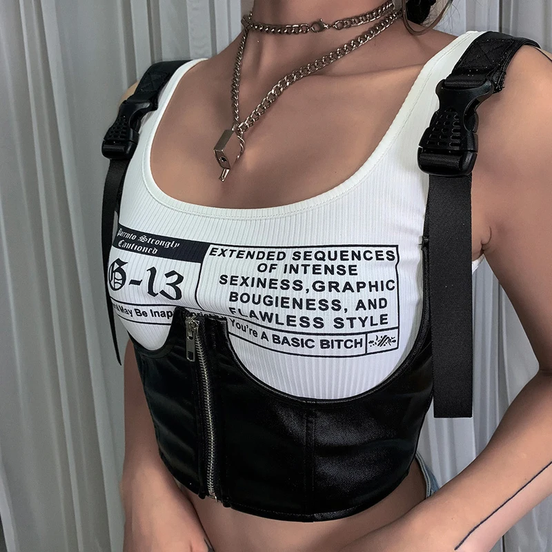

2019 New Women PU leather print letter Short female sexy skinny casual female Vest Two Pieces Set