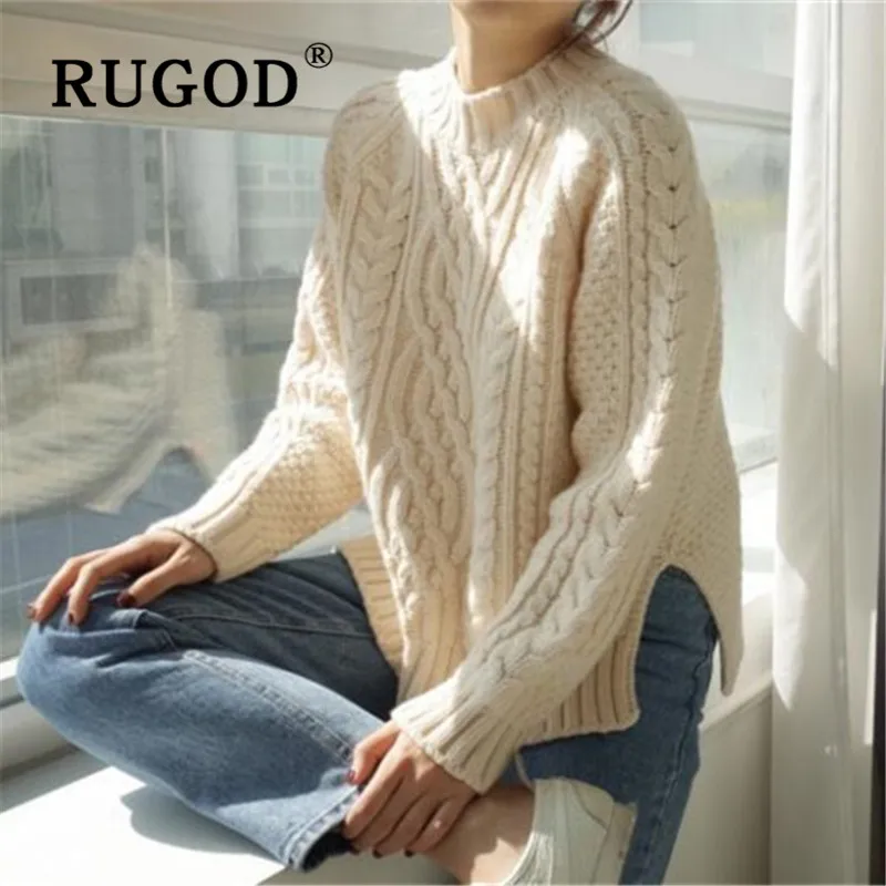 RUGOD Korean New Style Chic Solid Color O-neck Knitted Sweater Women Warm Twist Pattern Soft Split Pullover Fashion