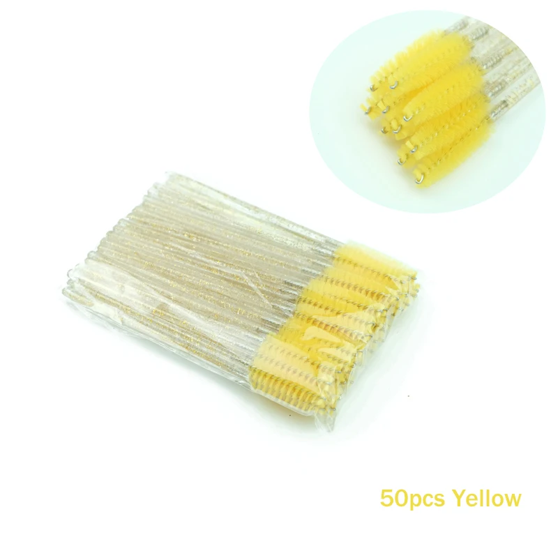 50pcs Yellow Одноразовый Кристалл тушь для ресниц кисти 50 шт. ресницы кисти для макияжа палочки Аппликатор Spoolers наращивание ресниц завивка гребень красота - Handle Color: 50pcs Yellow