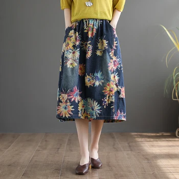 

RETRO floral print denim cotton skirt women's loose A-line double pockets skirts