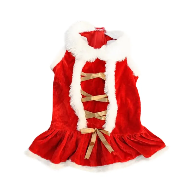 Winter Warm Christmas Dog Dress Santa Costume Festival Red Puppy Skirt