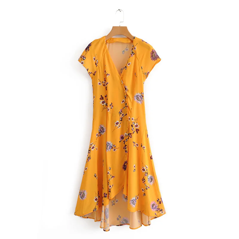 

F0956-Western Style WOMEN'S Dress 2019 Summer New Style V-neck Oblique Button Irregular Printed Short-sleeve Dress