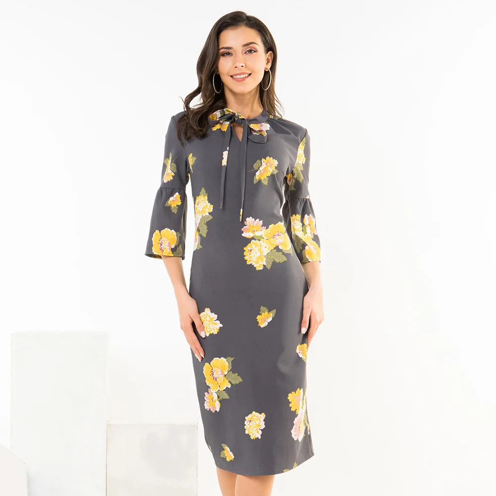Цветочный принт размера плюс платье для работы женщин v-образный вырез рукав три