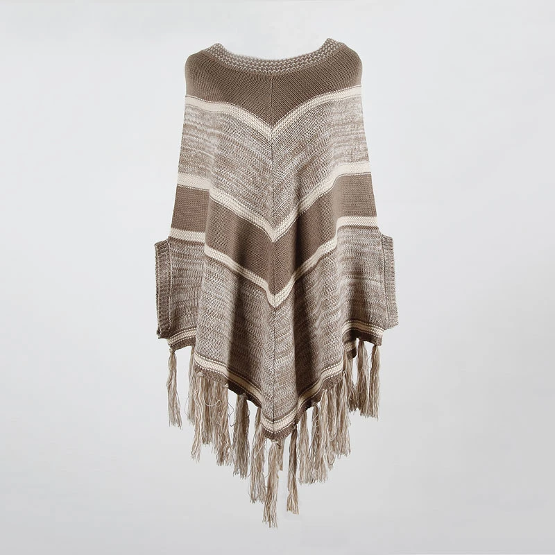 

Autumn winter new women's knitted sweater tassel cloak shawl geometric color matching round neck pullover knitted sweaterMY19075