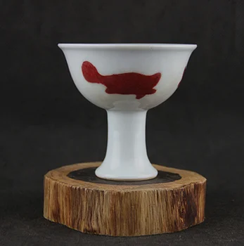 

3.9" Fine Chinese Jingdezhen White Porcelain Red Three Fish High Foot Cup