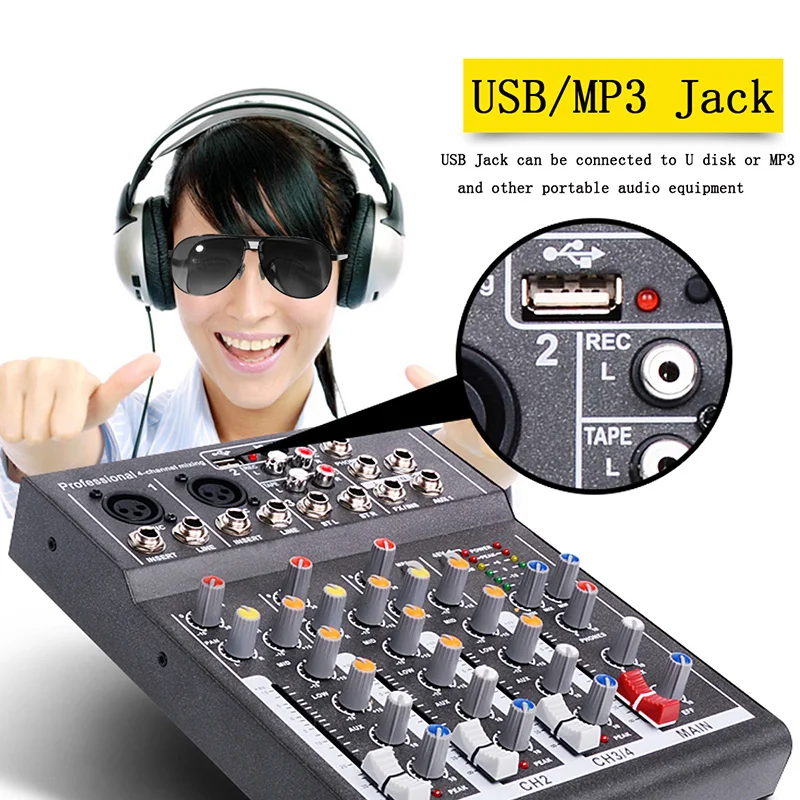  Mini Portable Audio Mixer with USB DJ Sound Mixing Console MP3 Jack 4 Channel Karaoke 48V Amplifier