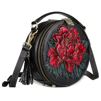 

Leather embossed ladies handbag 2020 new barrel flower fringed shoulder bag female messenger bag oil wax leather