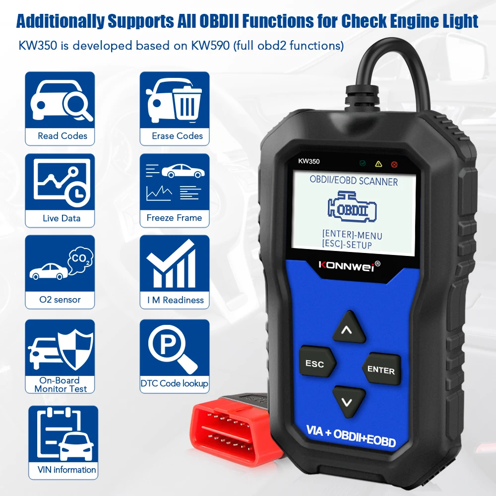 big car inspection equipment KONNWEI KW350 obd2 Scanner Automotivo For VW Audi Skoda Seat Full system diagnose SRS ABS EBP Oil Reset ODB Car Diagnostic Tool automotive battery charger