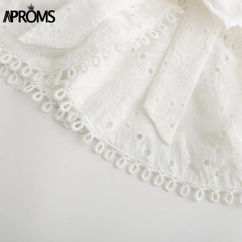 Aproms шикарная кружевная блузка с вышивкой, Женская Летняя Сексуальная Блузка с оборками, с открытой спиной, с поясом, рубашка с коротким Расклешенным рукавом, топ