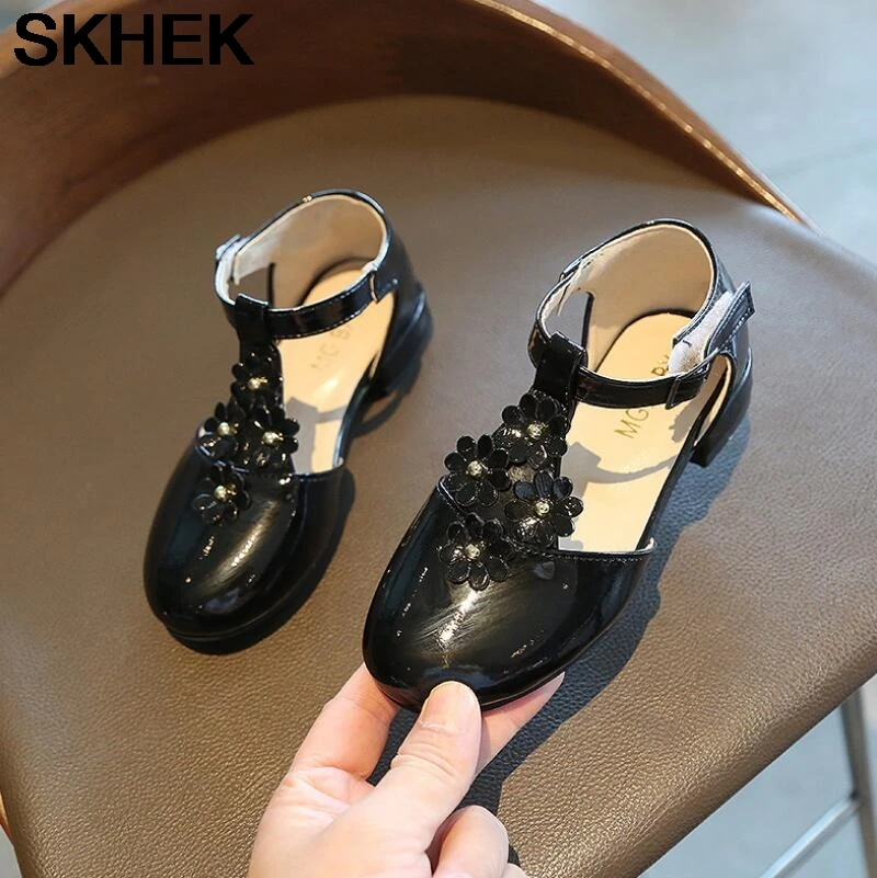 

SKHEK Girls Flats Princess Sandal Little Girl Leather Shoes For With Glitter Bow Flowers Kids Flats Sweet Soft Cute Shoes