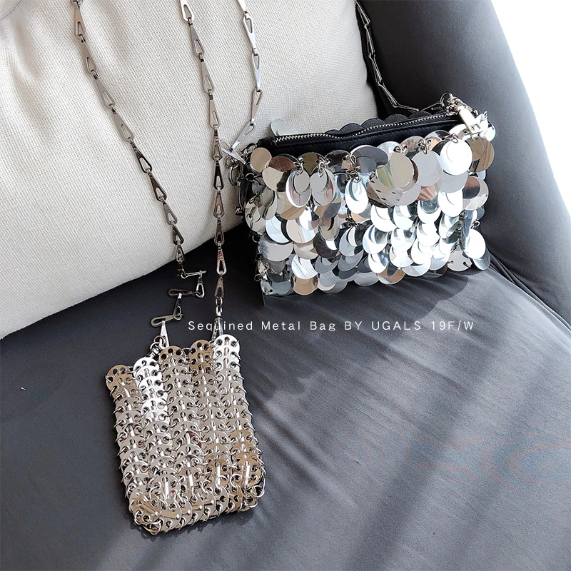 

UGALS Metallic Sequined Bag Chain Bags For Women 2019 Cell Phone Purse Pouch Small Woven fold over bag