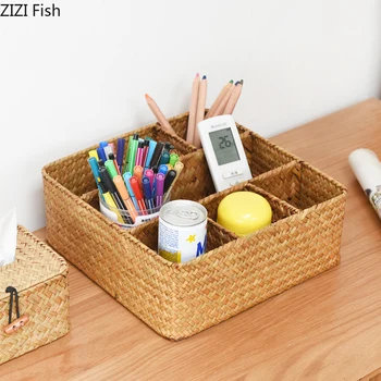 

Handmade Straw Woven Storage Basket Seven Grid Storage Basket Makeup Organizer Storage Box Laundry Baskets Rattan Baske