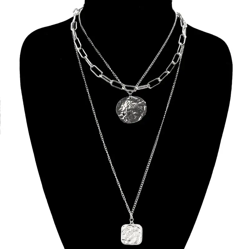 JUST FEEL Vintage Gold Silver Color Portrait Round Coin Choker Necklace Women Multi-layer Pendant Necklace Statement Accessories - Окраска металла: SL
