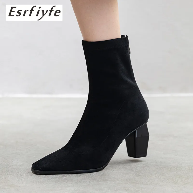 

ESRFIYFE 2020 New Women Stretch Socks Boots Flock Ankle Boots Autumn Winter Elegant High Heels Square Toe Female Shoes Boots