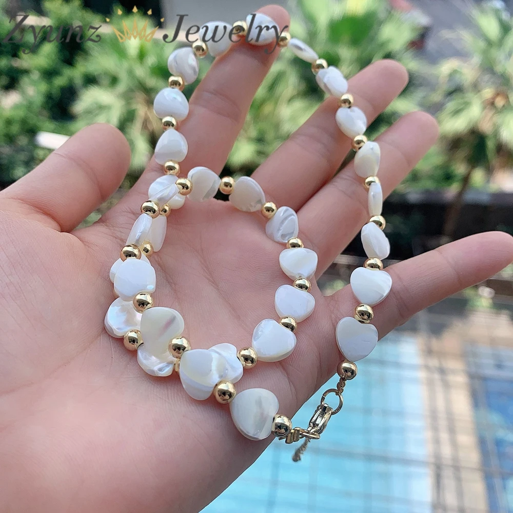 5PCS, Nature Mother of Pearl Heart Shell Beaded Chain Necklace Women Golden  Ball Beads Vintage Collar Female Girl Jewelry Gift