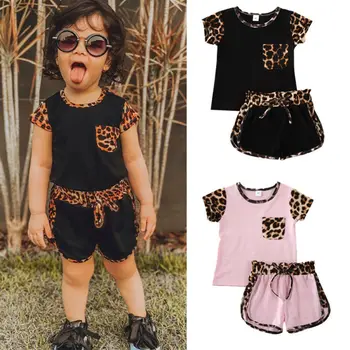 

kids baby girls short sleeve packet tops T-Shirts leopard short pants toddler clothing girl clothes fashion set 2pcs 1-6Y