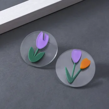 

QIGO Asymmetric Purple Tulip Stud Earrings Acrylic Geometric Transparent Round Flower Women Earrings Fashion Jewelry