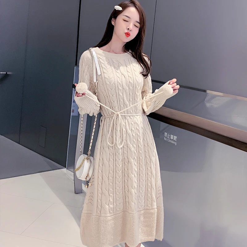 

2019 Winter Autumn Beige Color Knitted Sweater Sashes Bow Belted Rib Vintage Loose Midi Korean Fashion Office Casual Women Dress