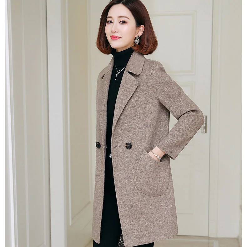 Autumn Winter Womens Wool Coats New Korean version High Quality Jackets Slim Cardigan Woolen Women Jacket Coat Blue/khaki - Цвет: khaki