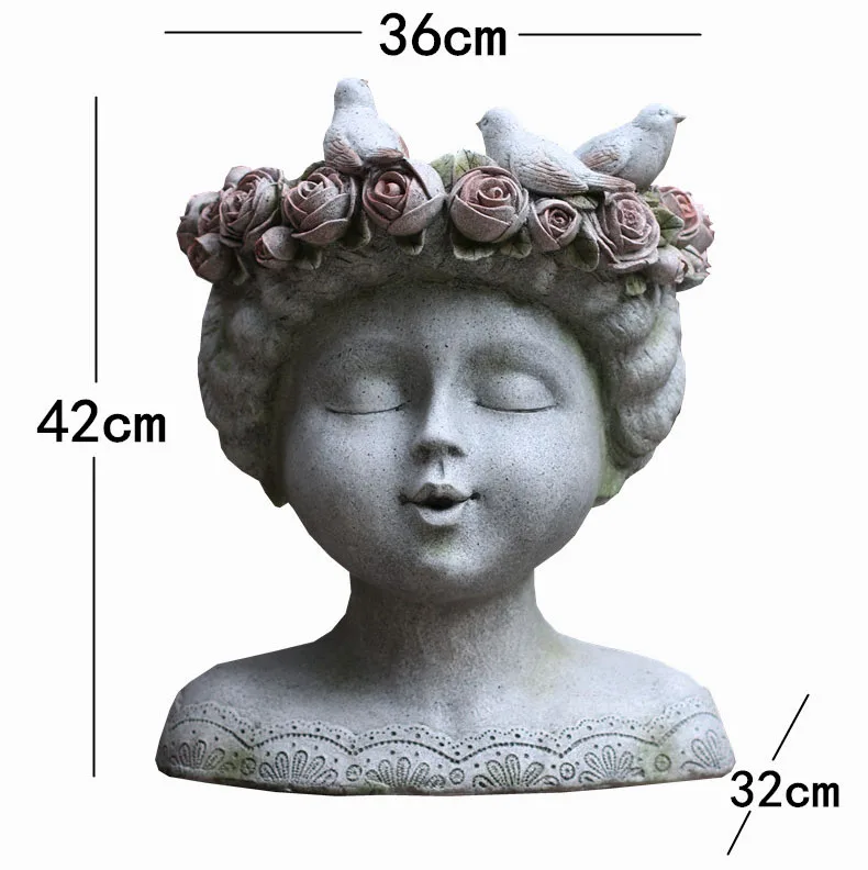Садовая ваза-статуэтка, статуэтки, домашний декор, три маленьких птички, стоячие на голове девочки, в венке, цветочный горшок