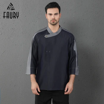 

High Quality Denim Long Sleeve Chef Jacket Unisex Restaurant Kitchen Uniform Shirt Cafe Bakery Barber Shop Waiter Overalls