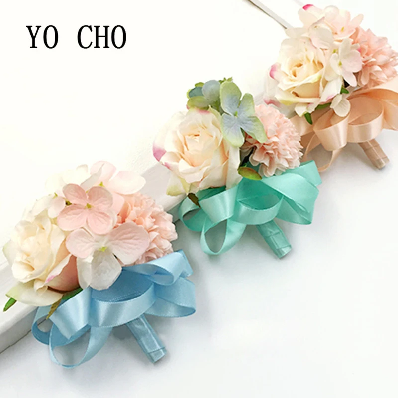 

YO CHO Bridesmaid Corsage Satin Wedding Flowers Artificial Wedding Wrist Bracelet Man Boutonniere Decoration for Wedding Party