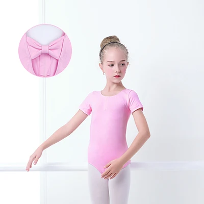 Pink Short Sleeve Лайкра хлопок дети девочка балет танец трико Боди Девушки Одежда с бантом Сзади Розовый Лавандовый Лонгслив под змеиную кожу - Цвет: Pink Short Sleeve