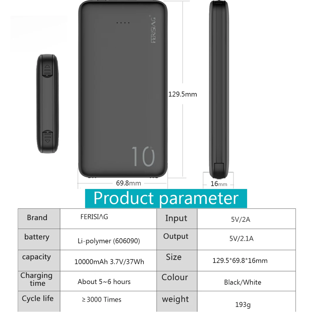 FERISING-cargador portátil USB con Cable, batería externa de 10000mAh, para iPhone, Samsung y Xiaomi - Imagen 4