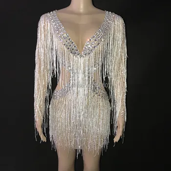 

2020 Silver Rhinestones Fringes Dress Lady Prom Evening Outfit Bar Singer See Through Mesh Dress Shining Birthday Tassels Dress