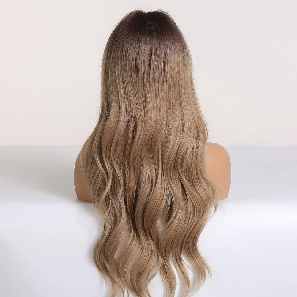 EASIHAIR Long Black to Brown Ombre Synthetic Wigs for Women Afro Wigs with Bangs High Density Temperature Wavy Cosplay Wigs