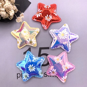 

60pcs/lot 4.7cm Daisy Print PU star padded Applique For DIY Headwear Hair Clips Decor Baby Clothes Accessoies Patches