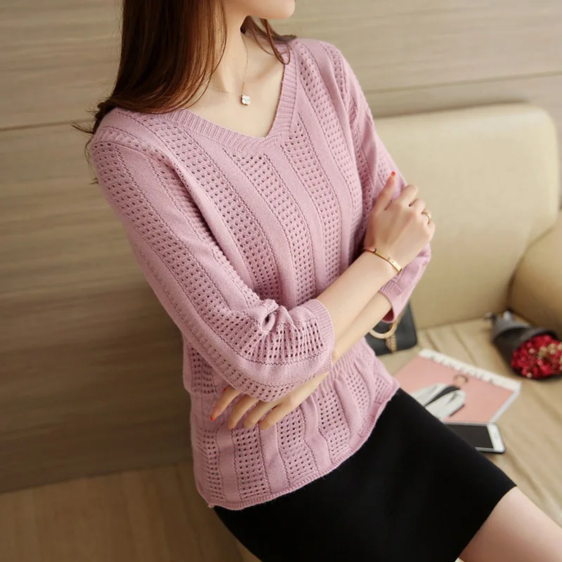 Pink purple autumn new hollow V-neck sweater women's Korean casual fashion sweater nine-point sleeve thin loose waist bottoming shirt - Цвет: Pink purple
